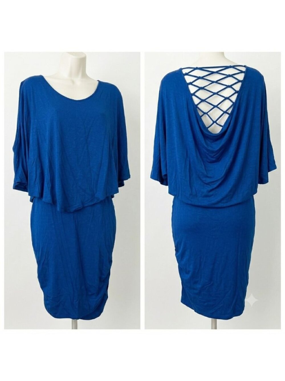 James and Joy Blue Dress Ruched Lattice Back Bodycon Size S Jersey Knit MobWife